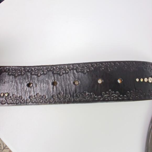 VTG SZ L Black Leather Handcrafted Belt Turquoise Gems Silver Studs Made USA main image 5